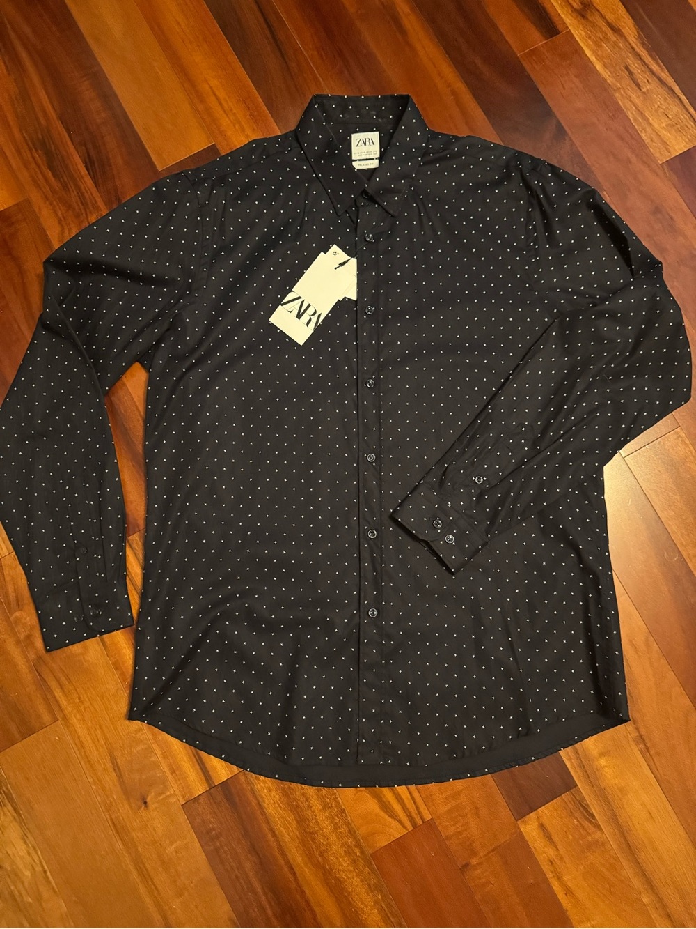 Zara Men's Black Button-Down Shirt with Small White Dot Print